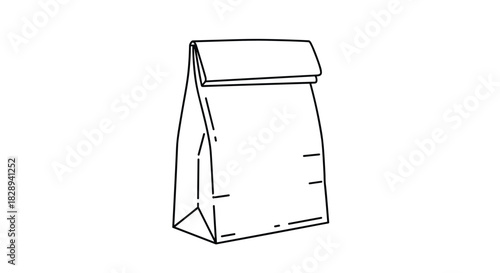 A simple black and white line art illustration of a classic paper lunch bag, folded at the top, typically used for carrying meals.