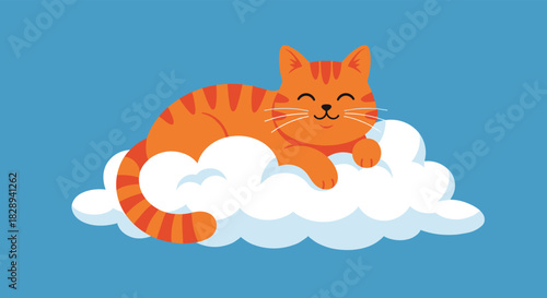 An adorable striped orange cat happily smiles and rests comfortably on a soft white cloud in a peaceful blue sky.