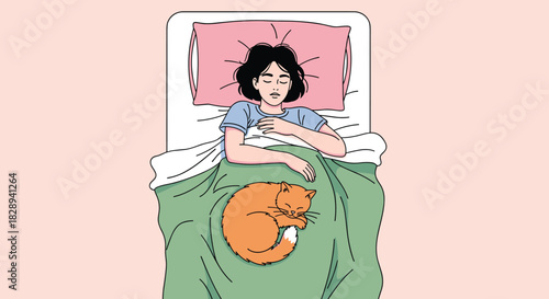 A young woman sleeps peacefully in her bed, eyes closed, while an orange cat is curled up comfortably on her stomach under a warm green blanket.