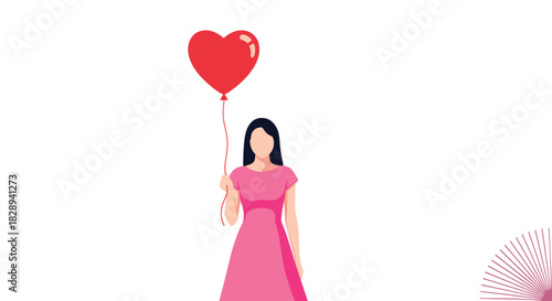 An elegant woman in a pink dress holds a vibrant red heart-shaped balloon, representing love and affection.