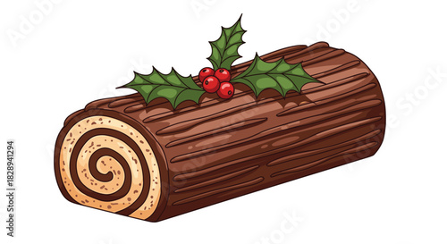 An inviting B�che de No�l, or Yule log cake, showcasing its rich chocolate frosting texture and festive holly decoration, isolated on white.