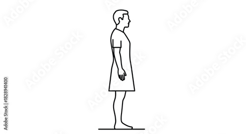 Outline drawing of a man standing in profile, wearing a simple short-sleeved garment or dress, barefoot on a line.