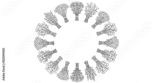 Wreath of stylized plant bundles with intricate circuit board-like patterns, presented in a black and white line art illustration.