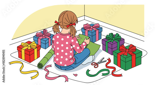 Back view of a young girl in polka dots busy wrapping colorful gifts for a holiday or birthday celebration
