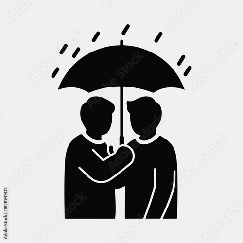 Silhouette people sharing umbrella in rain single color vector illustration