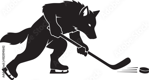 Silhouette of a wolf playing hockey with a puck