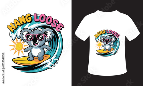 Cute cartoon koala surfing a wave with sunglasses and text hang loose