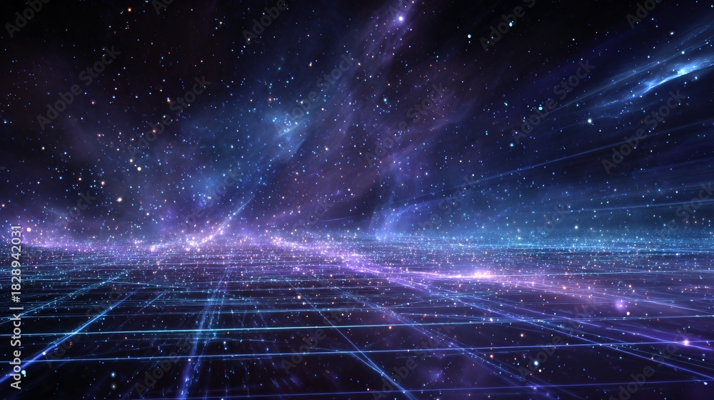 Fototapeta premium Abstract space scene with stars nebula and grid lines in blue and purple.