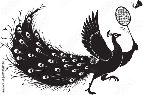 Silhouette of a peacock playing badminton with its tail feathers