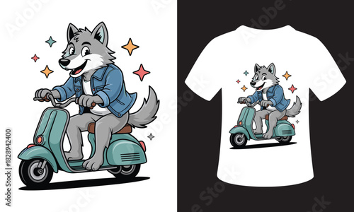 Cool anthropomorphic wolf character riding a vintage scooter with stars