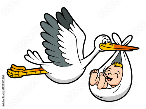 Stork delivering a smiling newborn baby in a cloth bundle, a classic symbol of birth and new beginnings, cartoon illustration on white