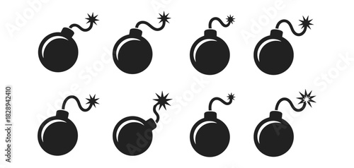 Stylized black bomb icons with lit fuses sparking, forming a pattern on a clear background, symbolizing danger, threat, explosion, and urgency, ideal for graphic design projects.