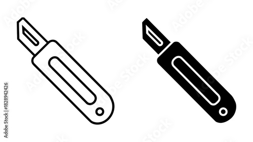 Utility knife outline and solid vector icons set, sharp blade box cutter tool symbol for stationery, office, craft, and diy applications.