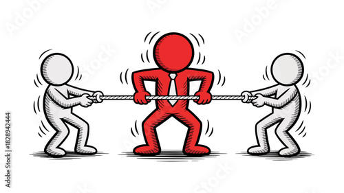 Tug of war between three cartoon stick figures, with a central red figure symbolizing conflict, negotiation, competition, and strength in business.