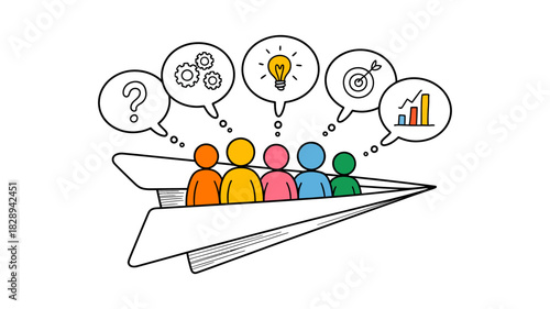 Team collaboration on a paper airplane launching new ideas, problem-solving, strategy, and business growth concept illustration on white background