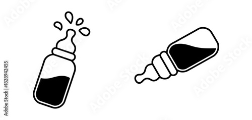 Baby bottle icon set with milk splashing and resting, vector outline illustration for childcare, feeding, and infancy concepts, simple line art graphic design element