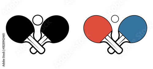Minimalist vector illustration set of two crossed table tennis paddles and a ball; one version in black and white, the other in red and blue colors, depicting a dynamic sports game concept