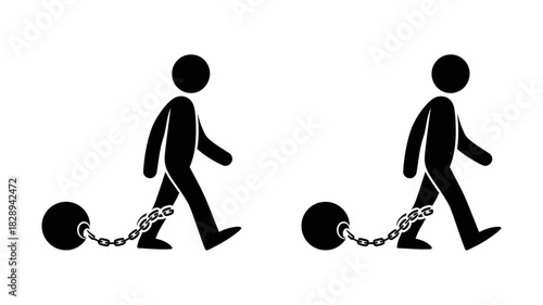 Stick figures walking with a heavy ball and chain attached to their leg, symbolizing burden, restriction, debt, freedom loss, and struggle on a clean white background. 