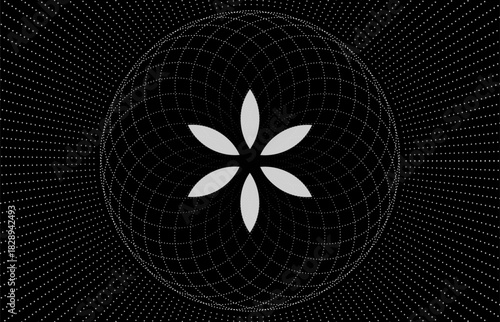 Seed Flower of life torus lotus icon, logo mandala sacred geometry, symbol of harmony and balance. Mystical talisman, white dots circles vector isolated on black background