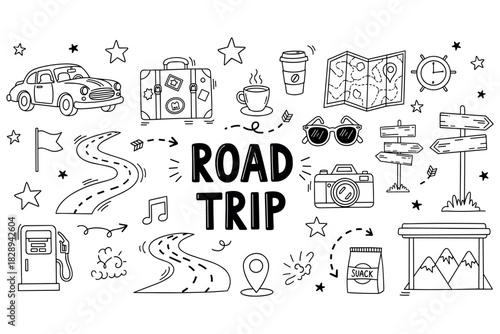 Road trip doodle art with map, suitcase, car, and camera illustrations