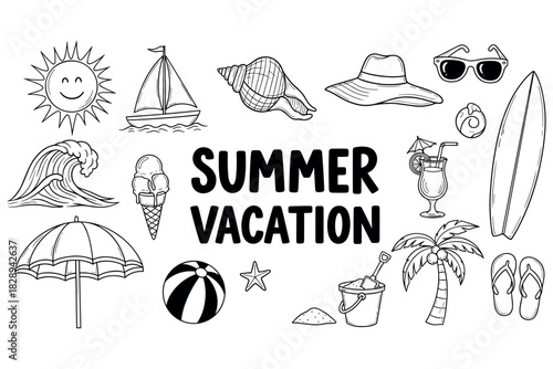 Hand-drawn summer vacation doodles: beach, sun, ice cream, palm tree, sailboat