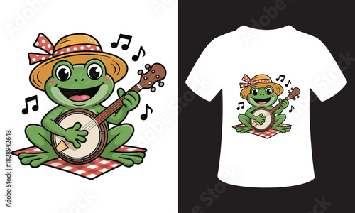 Cute cartoon frog wearing a straw hat playing a banjo with musical notes