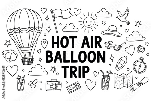 Hot air balloon trip with travel icons and summer elements in black and white