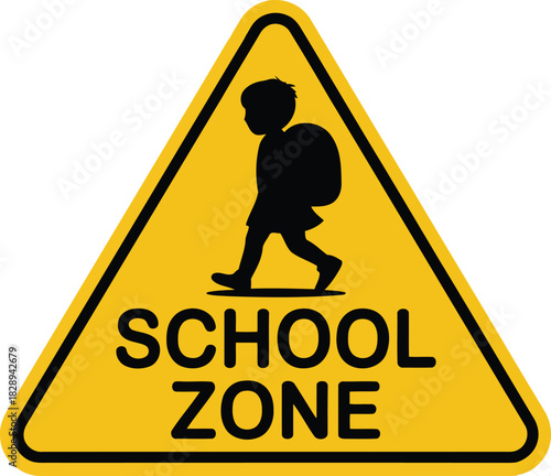 A brightly colored yellow school zone warning sign with a child silhouette and text for pedestrian safety