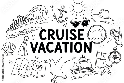 Cruise vacation doodle with ship, anchor, and nautical symbols
