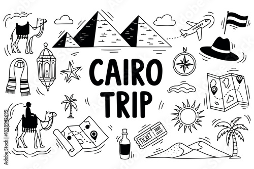 Cairo trip symbols: pyramids, camels, maps, and adventure icons