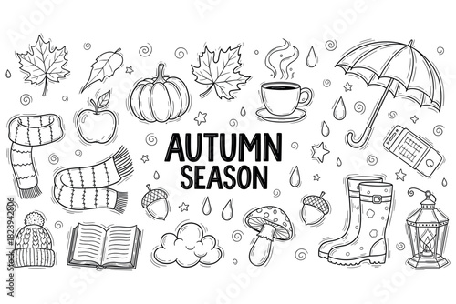 Autumn season elements: leaves, pumpkin, umbrella, and cozy accessories