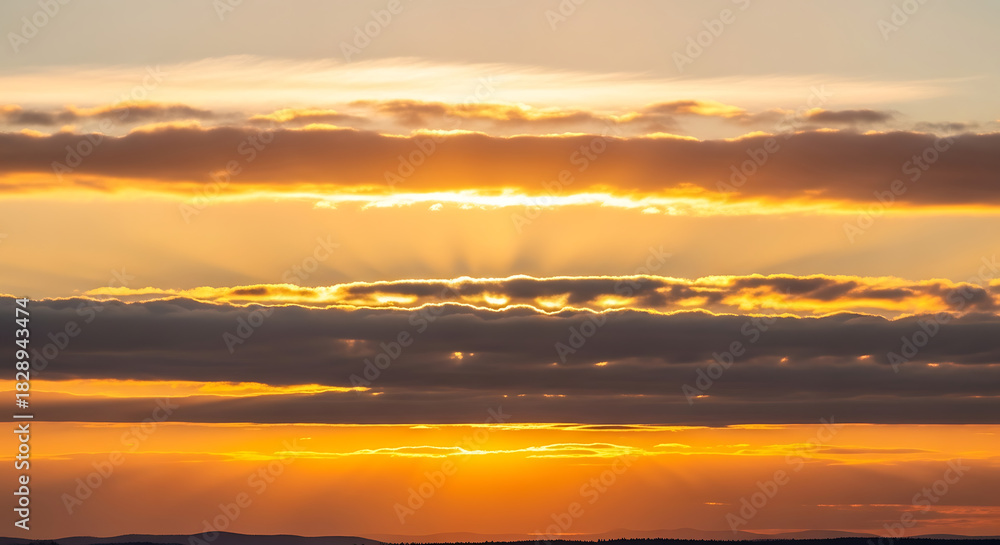Fototapeta premium Golden Hour Sky with Sun Rays Breaking Through Clouds Creating Beautiful Atmospheric Landscape at Sunset with Orange Hues 150 Characters