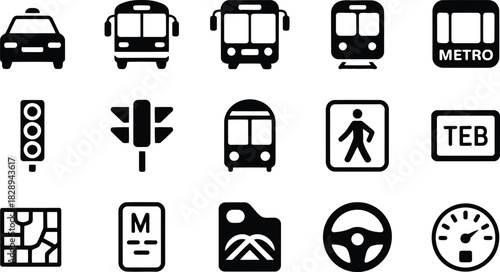 A collection of black icons depicting various vehicles and road elements for urban mobility