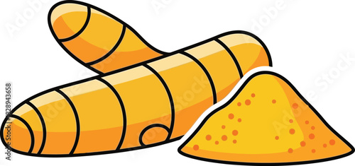 Cartoon Illustration of Turmeric Root and Powder | Spice & Cooking Graphic