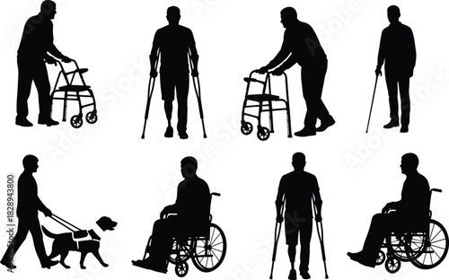 Disabled people silhouettes isolated on a collection of figures with mobility aids like walkers, crutches, wheelchairs, and guide dogs