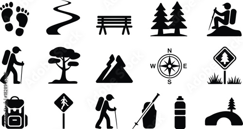 A collection of black silhouette icons representing essential elements for various hiking and outdoor activities