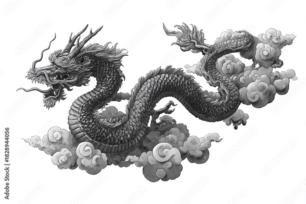 Fototapeta premium Majestic dragon soaring through clouds, a symbol of power and good fortune, perfect for fantasy designs, mythical stories, and cultural celebrations, capturing ancient traditions