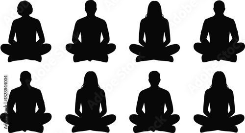 A collection of black silhouettes showing people sitting cross legged in uniform meditation poses