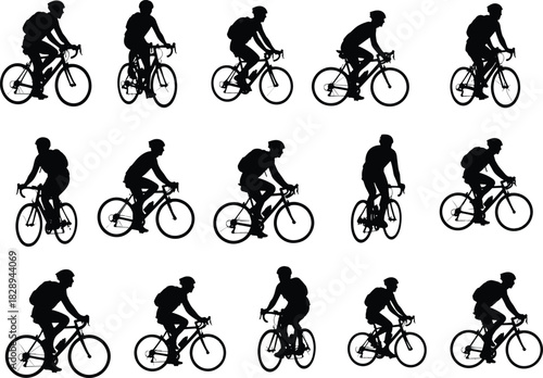 A dynamic group of cyclists, each a silhouette of speed and determination, riding in unison, isolated on, creating a powerful visual rhythm