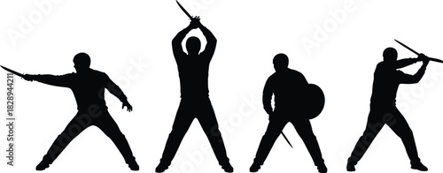 Silhouetted figures demonstrating martial arts techniques isolated on warriors in dynamic stances wield weapons, showcasing agility and strength