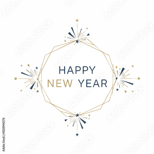 A gold geometric circle frame with Happy New Year text in blue and gold, surrounded by festive fireworks on a white background. Perfect for celebrations, greeting cards, and party