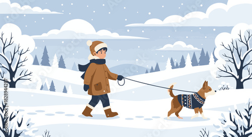 A Child Walks a Dog in a Snowy Winter Landscape, enjoying the crisp air and seasonal beauty