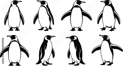 A collection of eight black and white penguin outlines standing in various positions on a white surface
