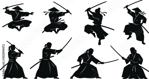 Silhouette of a samurai warrior in various fighting poses with katana sword isolated on japanese martial art, combat, and historical culture concept