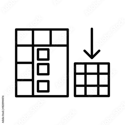 Data reduction and summarization concept with a large grid shrinking to a smaller grid, isolated on