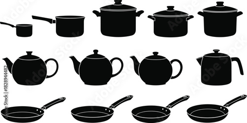 Collection of kitchenware isolated on featuring pots, pans, and teapots, offering a variety of cooking and serving options for culinary needscookware, kitchenware, pot, pan, teapot, cooking, kitchen, 