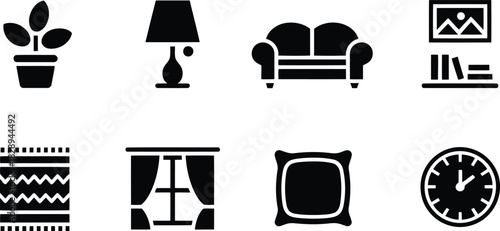 A collection of eight black silhouette icons illustrating common home interior furnishings and decor items on white