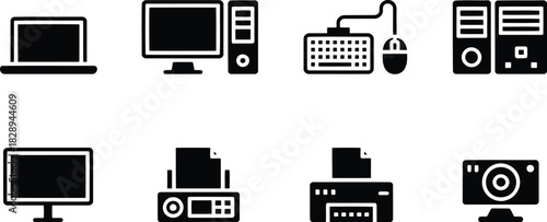 A collection of eight black silhouette icons representing common computer hardware devices and accessories on white