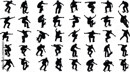Silhouette of a skateboarder performing various tricks, isolated on collection of skateboarding poses and movements for extreme sports enthusiasts