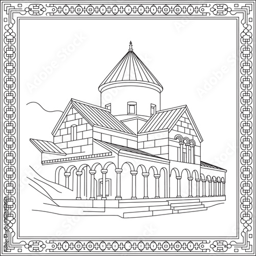 ancient armenian church building and border Line art